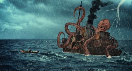 Kraken attaquant un bateau. https://pixabay.com/fr/photos/kraken-mer-bateau-temp%C3%AAte-poulpe-7534375/